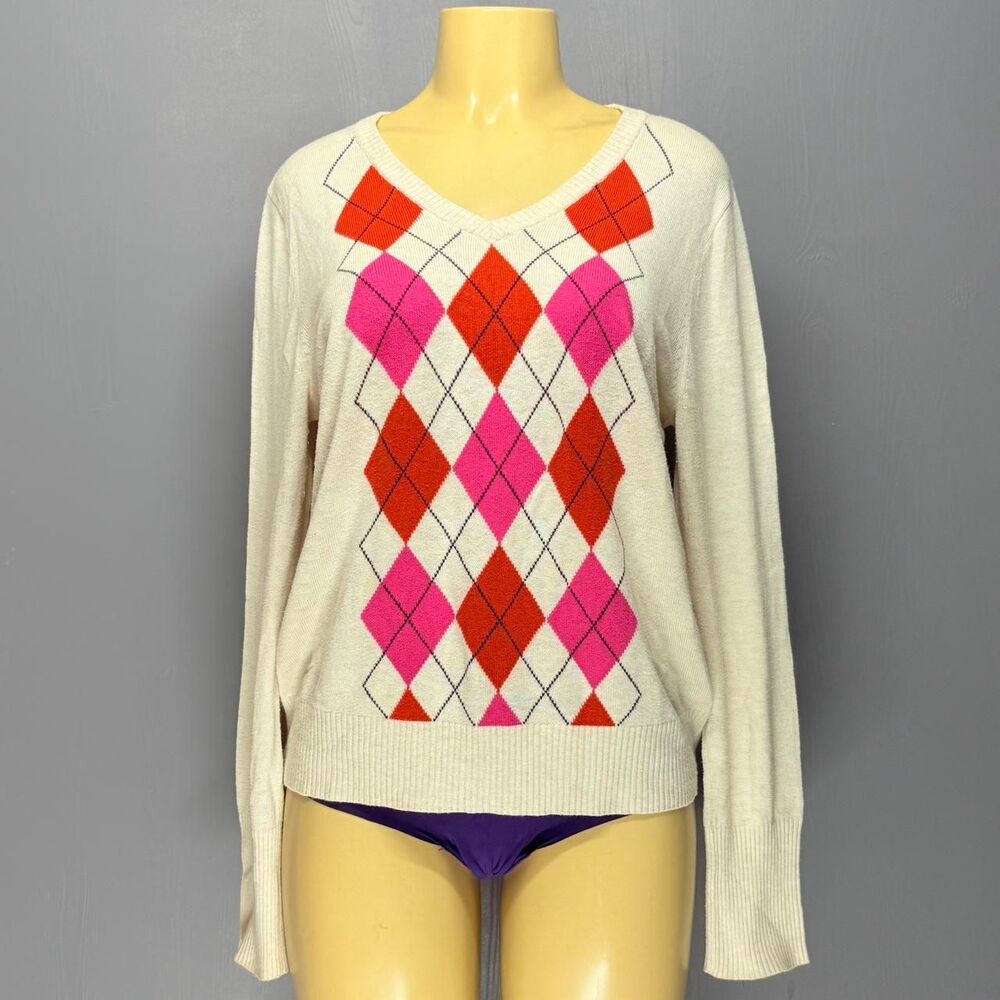 Merona Ivory Sweater | Pink Orange Argyle | Long Cuffs V-Neck XL